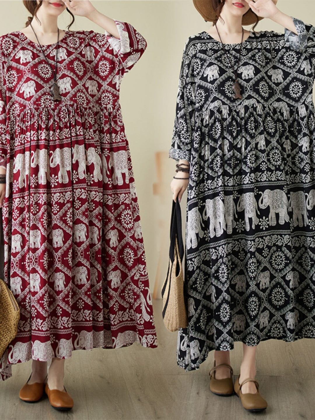 Women Retro Print Long Sleeve Loose Dress