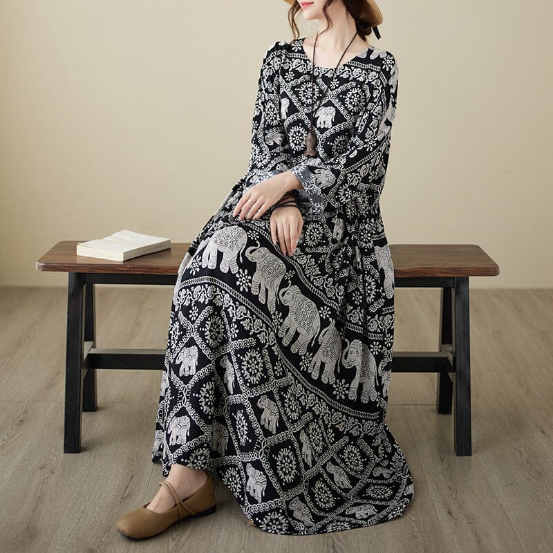 Women Retro Print Long Sleeve Loose Dress