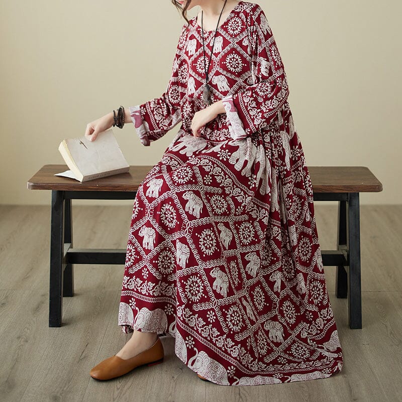 Women Retro Print Long Sleeve Loose Dress