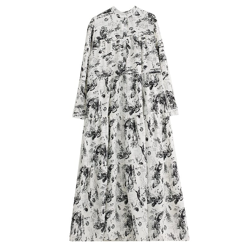 Retro Print Loose Casual Dress Long Sleeve