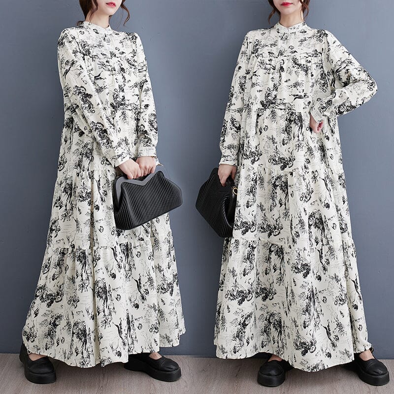 Retro Print Loose Casual Dress Long Sleeve