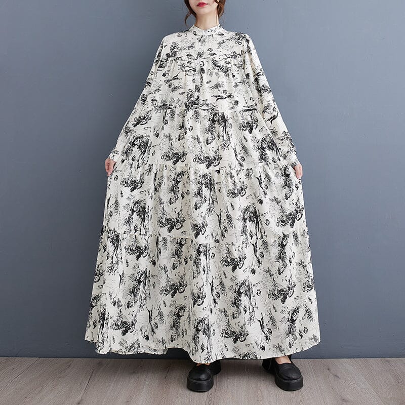 Retro Print Loose Casual Dress Long Sleeve