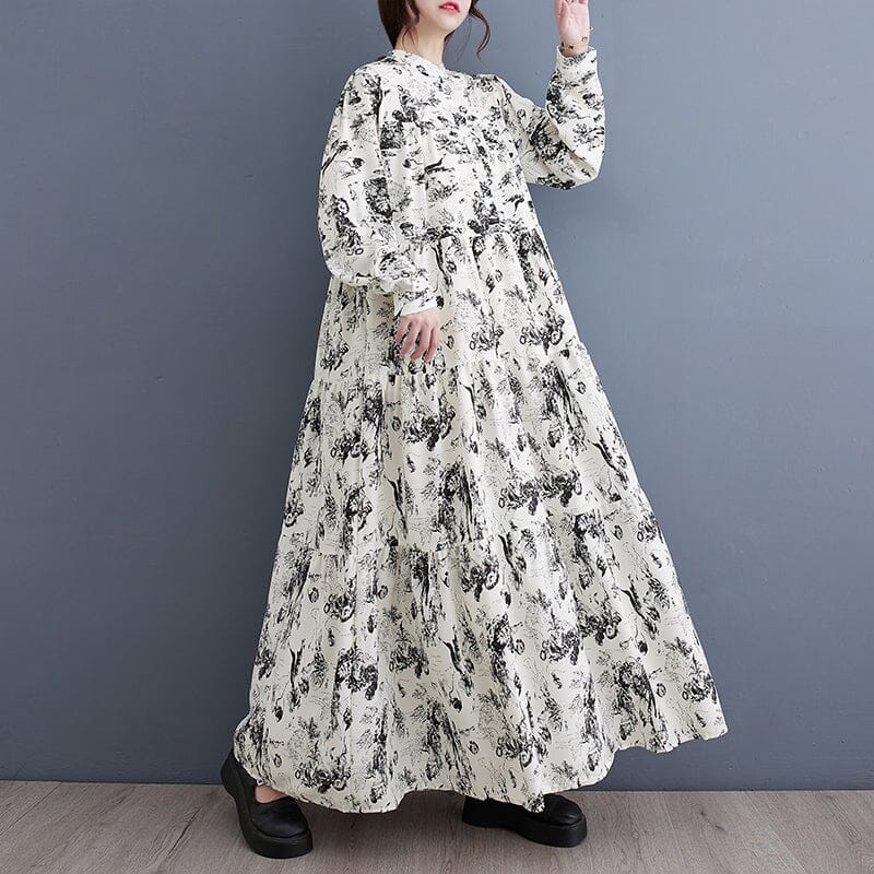 Retro Print Loose Casual Dress Long Sleeve