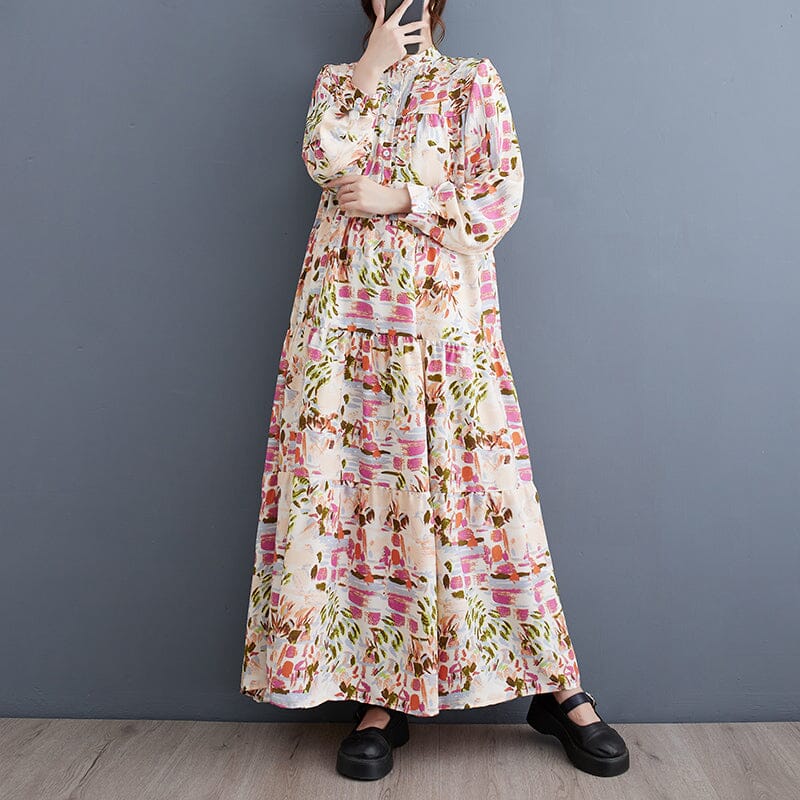 Retro Print Loose Casual Dress Long Sleeve