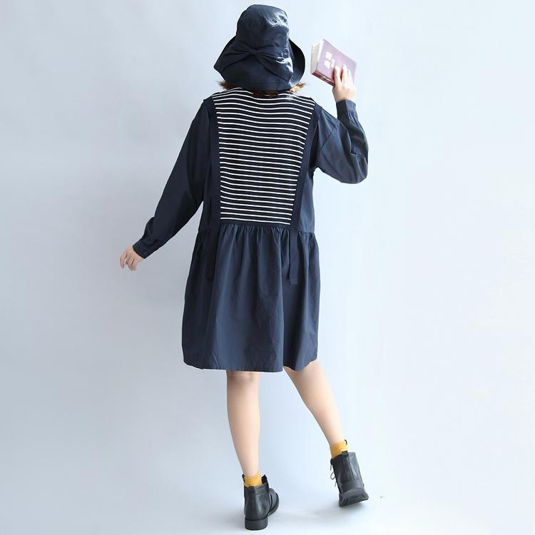 autumn 2017 cotton patchwork knit striped dresses elastic waist long sleeve mid dress - Omychic