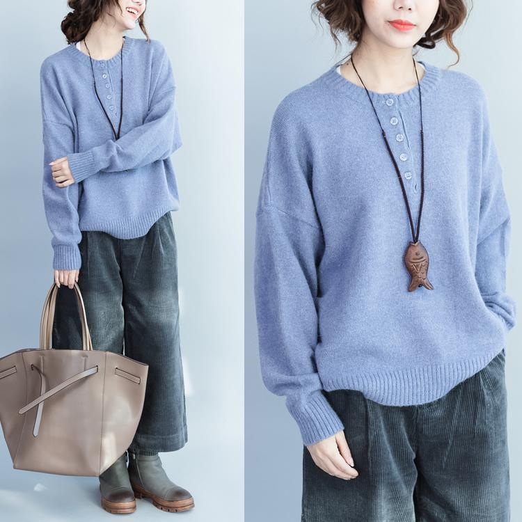 autumn 2017 lavender woolen knit pullover neck front button loose sweater - Omychic