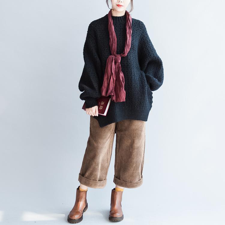 autumn 2017 new black cotton sweater plus size fashion knit pullover side open - Omychic