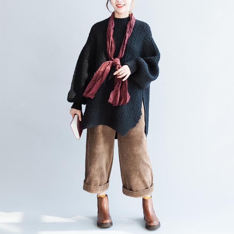 autumn 2017 new black cotton sweater plus size fashion knit pullover side open - Omychic