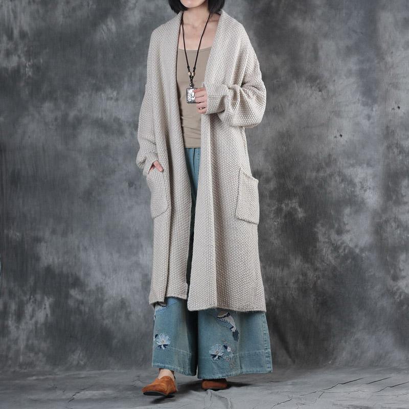 autumn beige casual sweater coats plus size long sleeve cable knit cardigans - Omychic