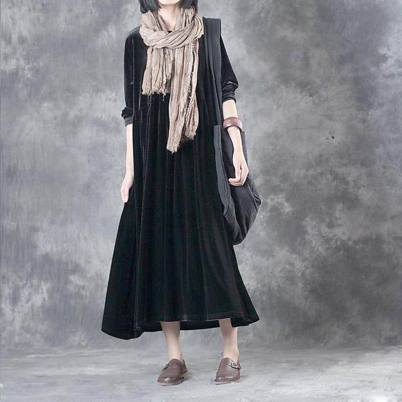 autumn black corduroy gown oversize wrinkled waist o neck maxi dress - Omychic