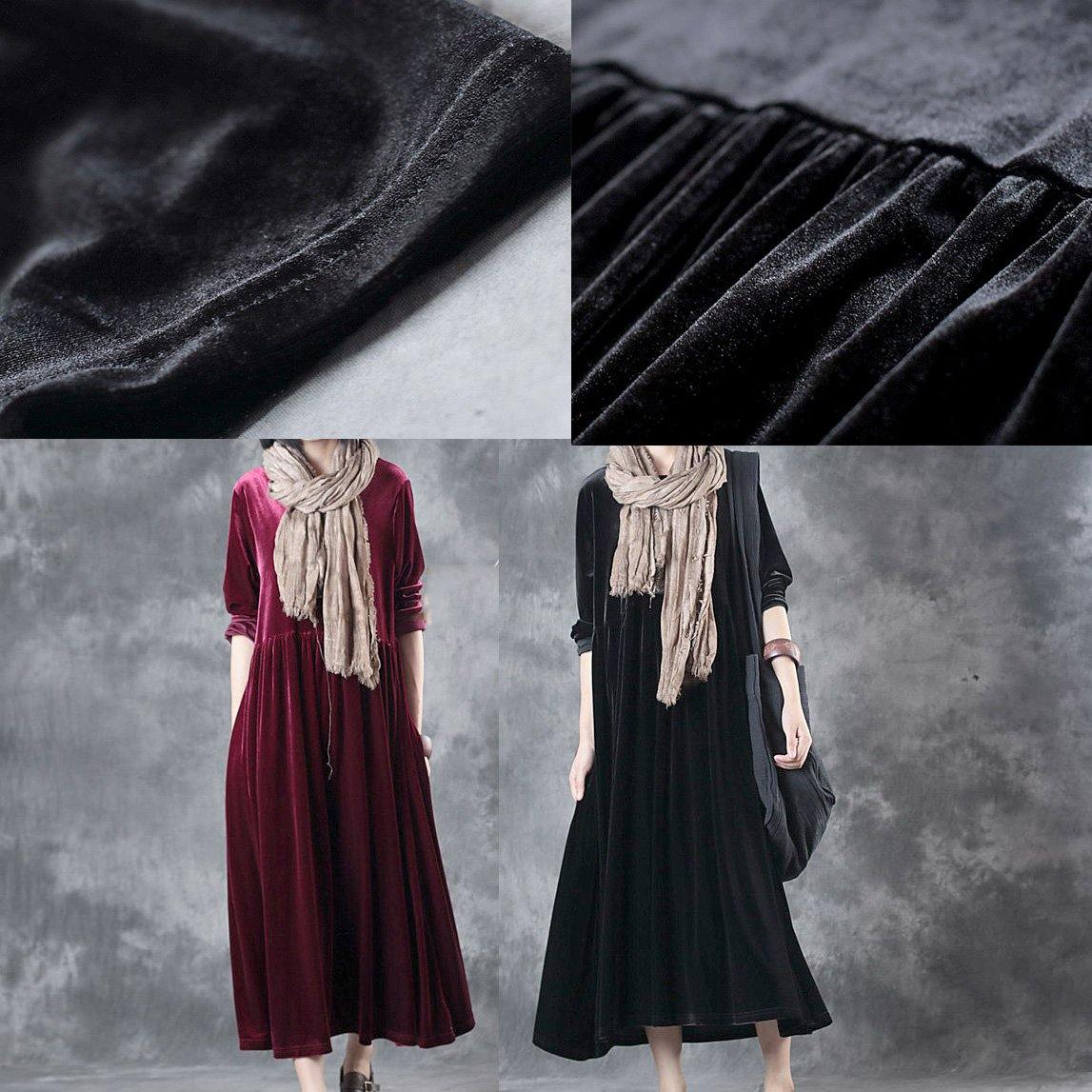 autumn black corduroy gown oversize wrinkled waist o neck maxi dress - Omychic