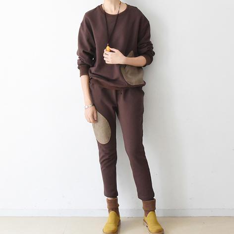 autumn chocolate casual long sleeve cotton blouse and patchwork slim pants - Omychic