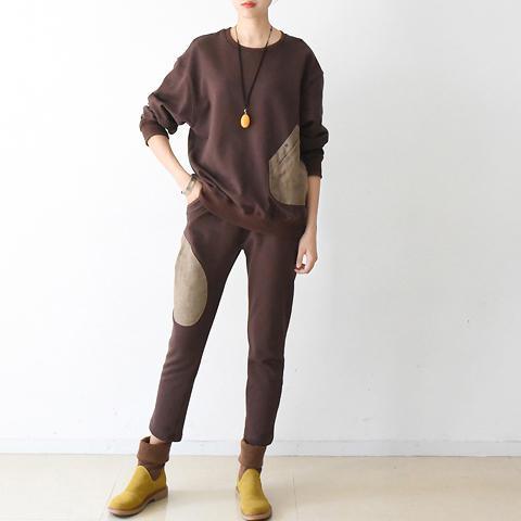 autumn chocolate casual long sleeve cotton blouse and patchwork slim pants - Omychic