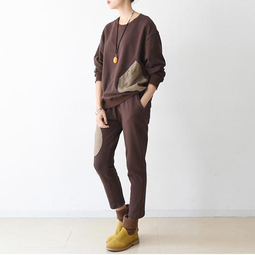 autumn chocolate casual long sleeve cotton blouse and patchwork slim pants - Omychic
