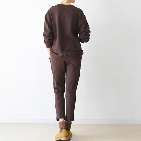 autumn chocolate casual long sleeve cotton blouse and patchwork slim pants - Omychic