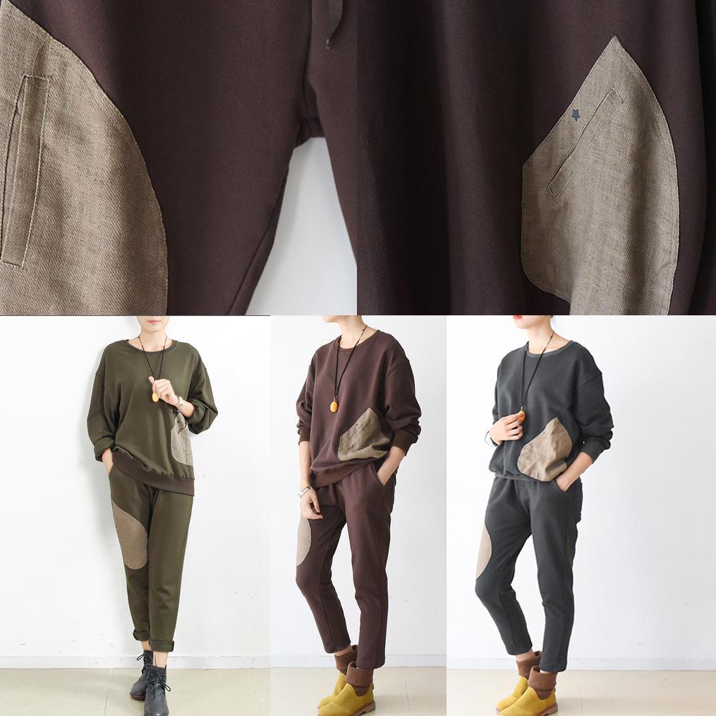 autumn chocolate casual long sleeve cotton blouse and patchwork slim pants - Omychic