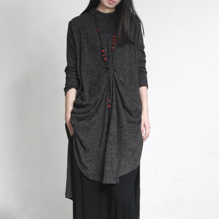 autumn dark gray asymmetric wrinkled knit dresses plus size casual sweater dress - Omychic