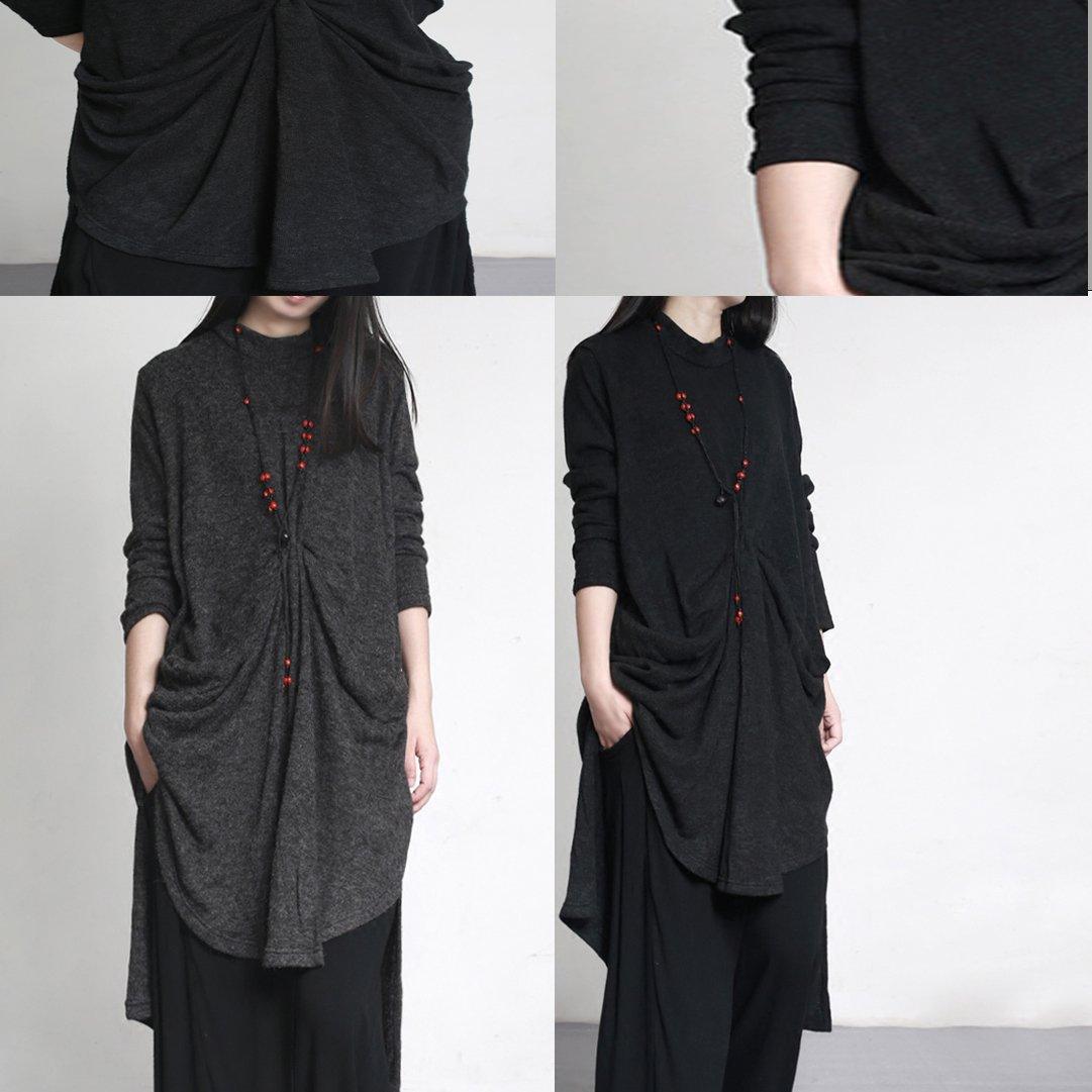 autumn dark gray asymmetric wrinkled knit dresses plus size casual sweater dress - Omychic