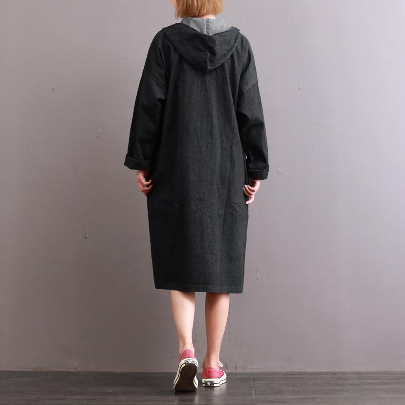 autumn denim black cotton caftans plus size casual long sleeve trench coats - Omychic