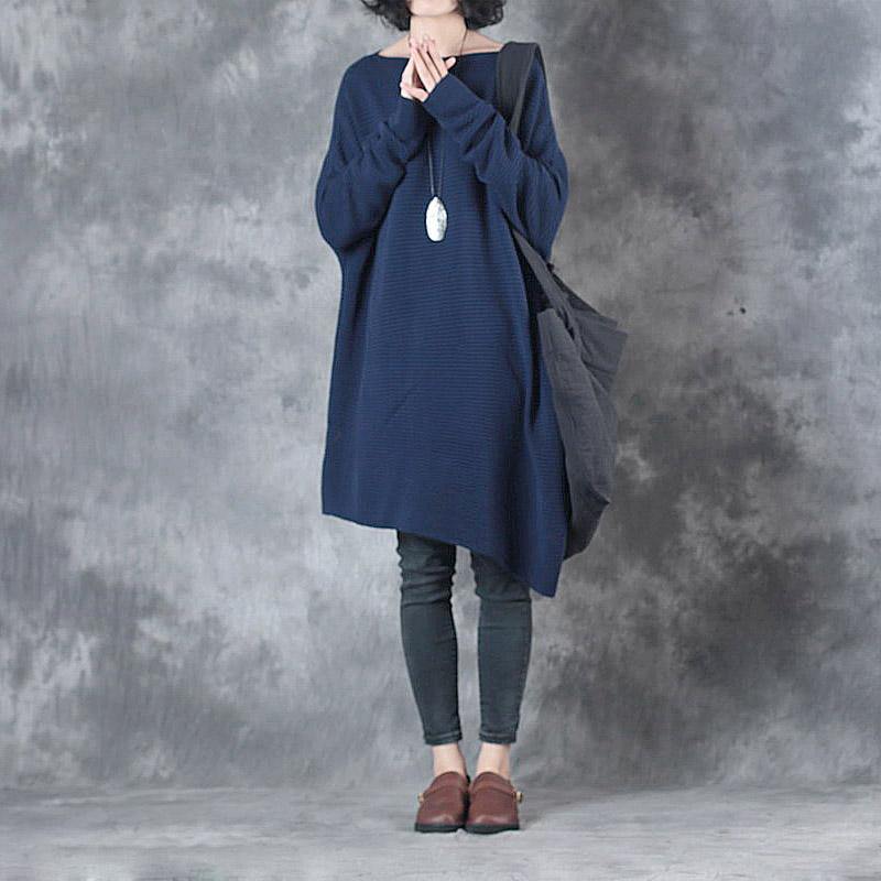 autumn fashion blue cotton sweater blouse oversize long sleeve asymmetric hem knit tops - Omychic