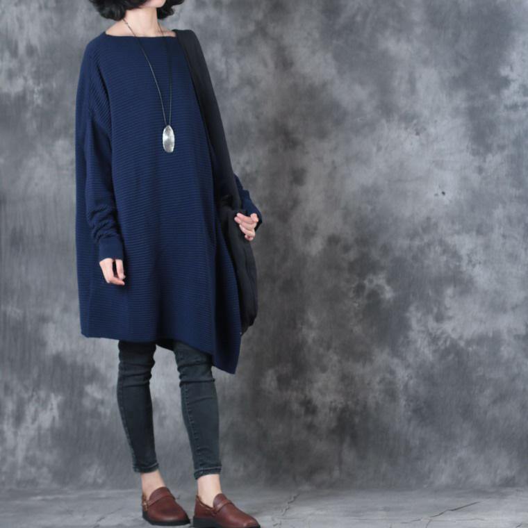 autumn fashion blue cotton sweater blouse oversize long sleeve asymmetric hem knit tops - Omychic