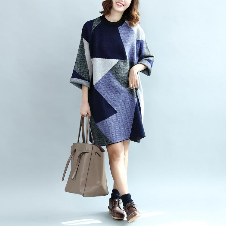 autumn fashion geometric patchwork cotton knit dresses plus size sweater dress - Omychic