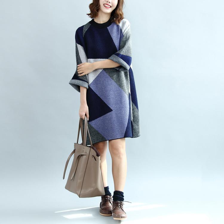 autumn fashion geometric patchwork cotton knit dresses plus size sweater dress - Omychic