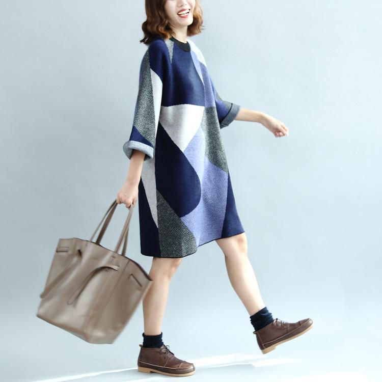 autumn fashion geometric patchwork cotton knit dresses plus size sweater dress - Omychic