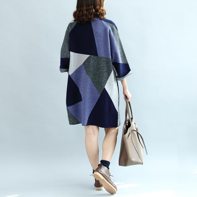 autumn fashion geometric patchwork cotton knit dresses plus size sweater dress - Omychic