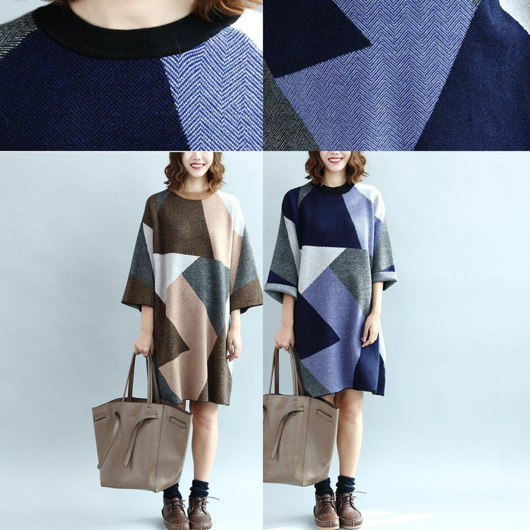 autumn fashion geometric patchwork cotton knit dresses plus size sweater dress - Omychic