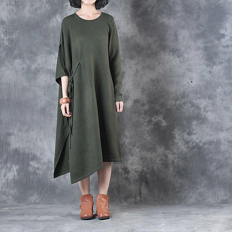 autumn green casual sweater dresses plus size asymmetric knit dress - Omychic