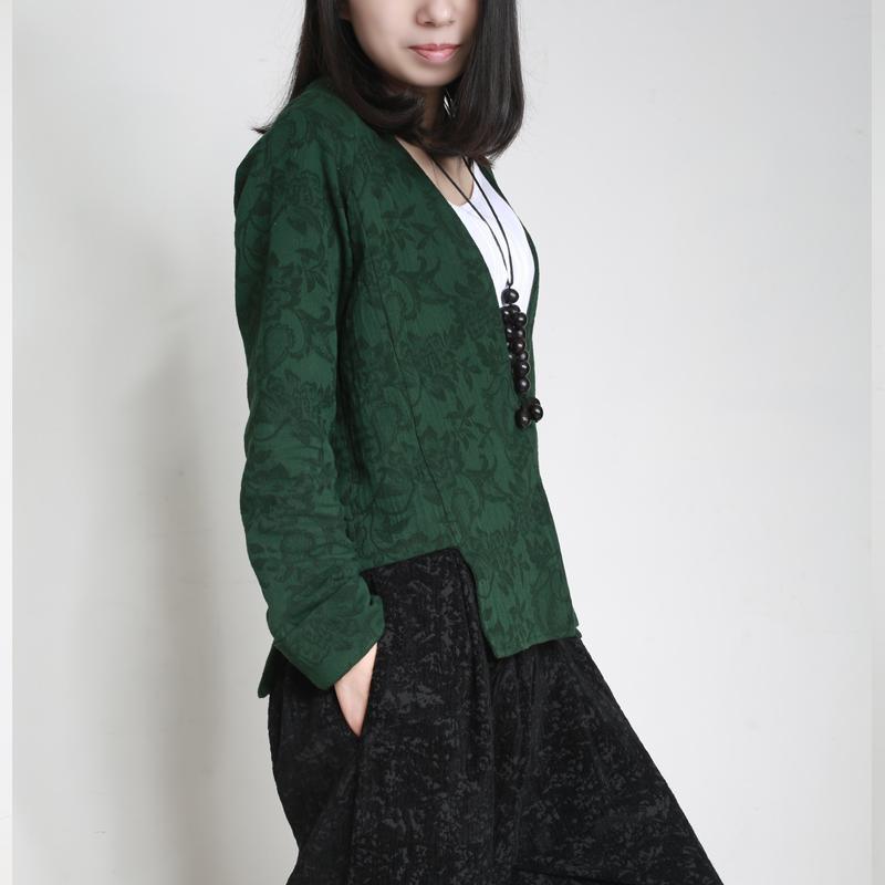 autumn green jacquard linen tops aymmetric hem short coats - Omychic