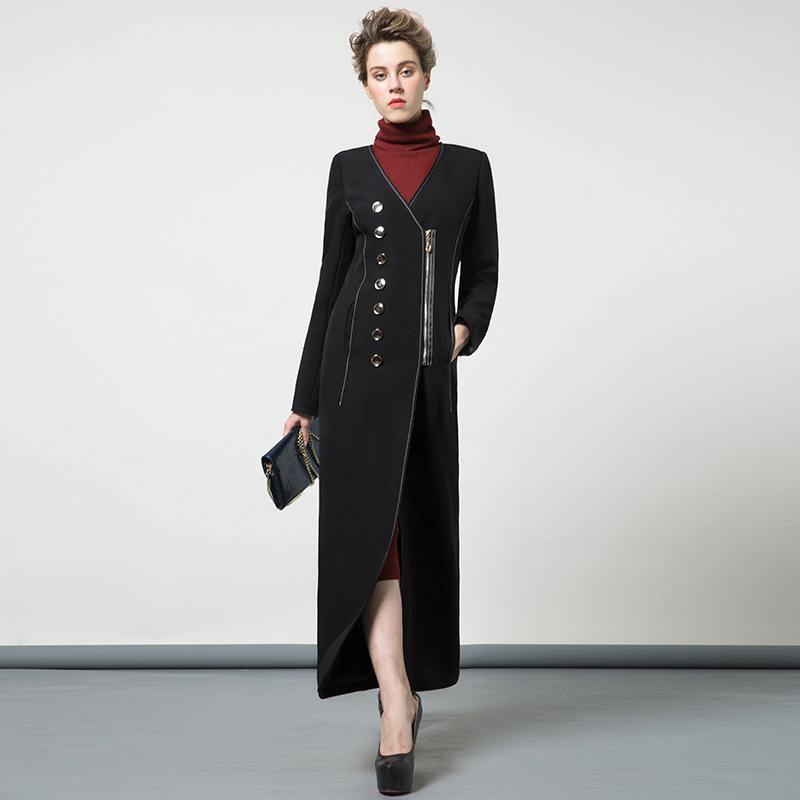 autumn new black cotton blended patchwork long coat v neck back open slim fit trench coats - Omychic