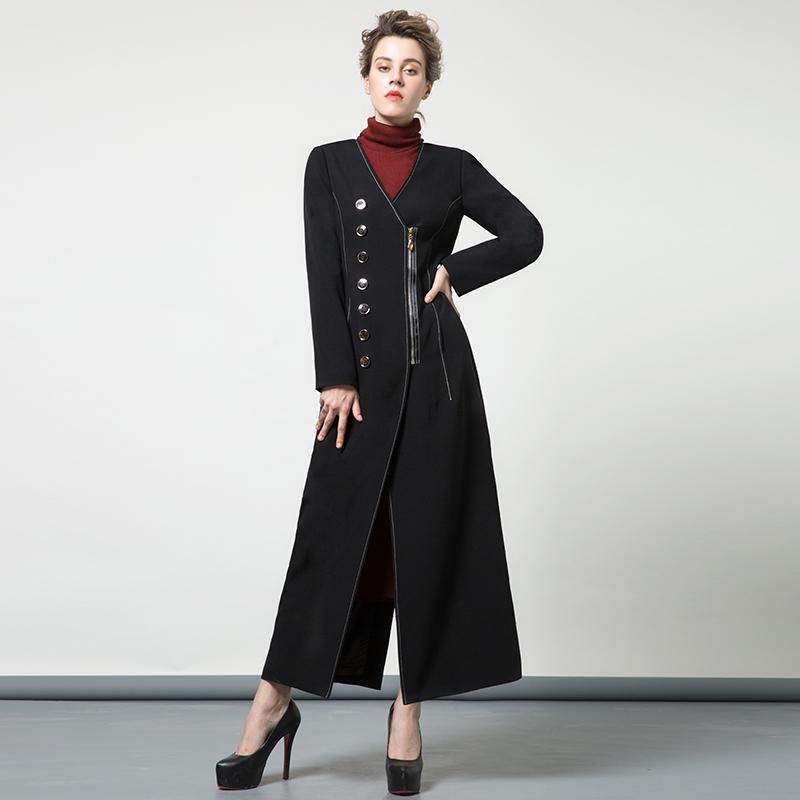 autumn new black cotton blended patchwork long coat v neck back open slim fit trench coats - Omychic