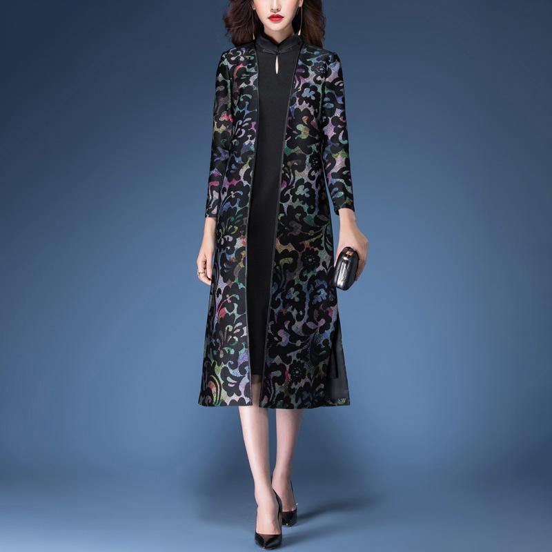 autumn new black prints cotton blended trench coats with sleeveless dress two ieces - Omychic