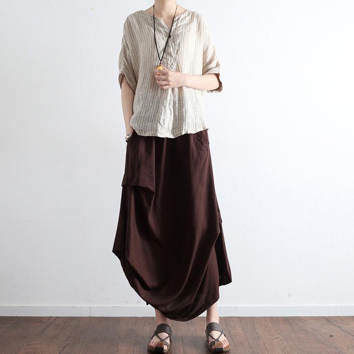 autumn new brown vintage linen maxi skirts plus size wrinkled casual skirts - Omychic