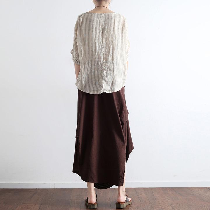 autumn new brown vintage linen maxi skirts plus size wrinkled casual skirts - Omychic