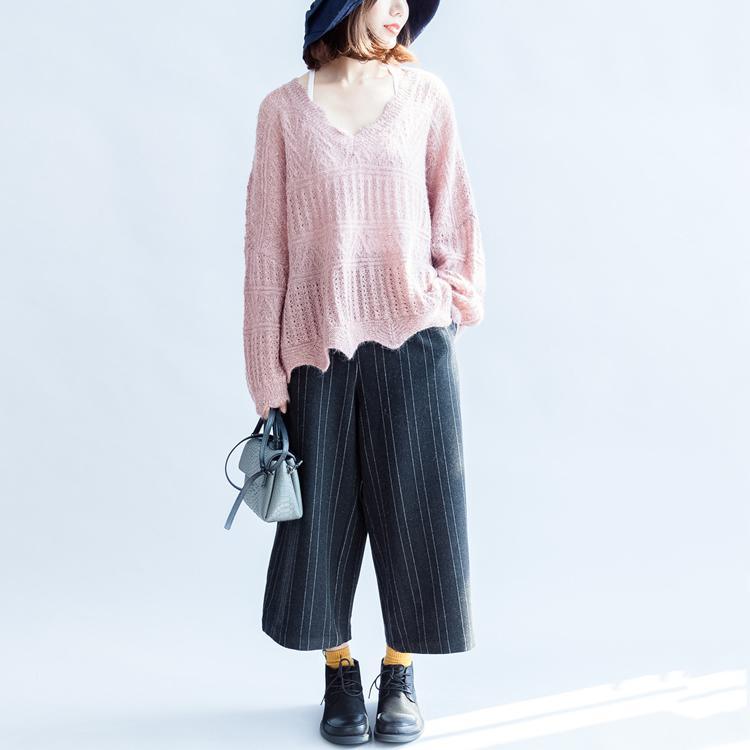 autumn  new cotton knit tops ruffles oversize v neck sweaters - Omychic