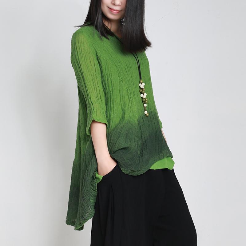 autumn new fashion green linen tops oversize v neck asymmetric pullover - Omychic