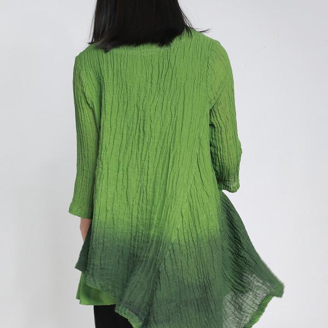 autumn new fashion green linen tops oversize v neck asymmetric pullover - Omychic