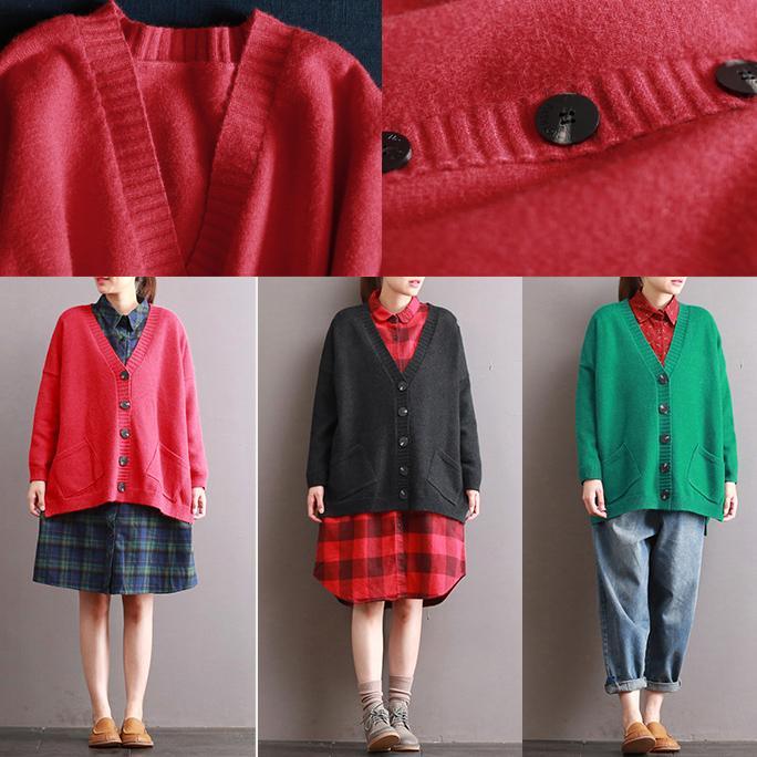 autumn pockets long sleeve sweater oversize v neck solid knit tops - Omychic