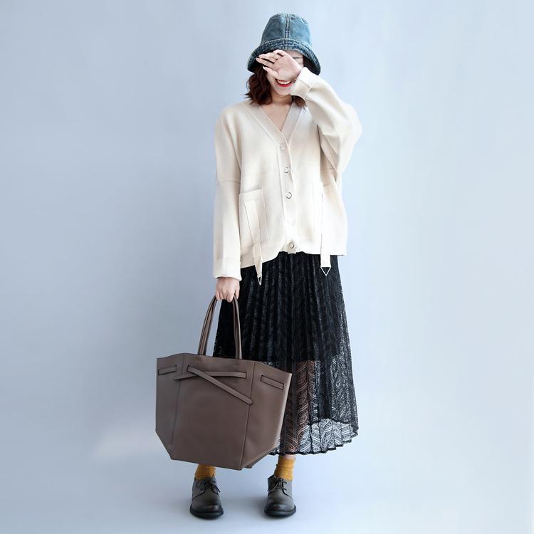 autumn thick beige white  cotton sweater outwear plus size v neck short cardigans - Omychic