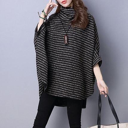 autumn thick black striped sweater tops plus size casual batwing pullover - Omychic
