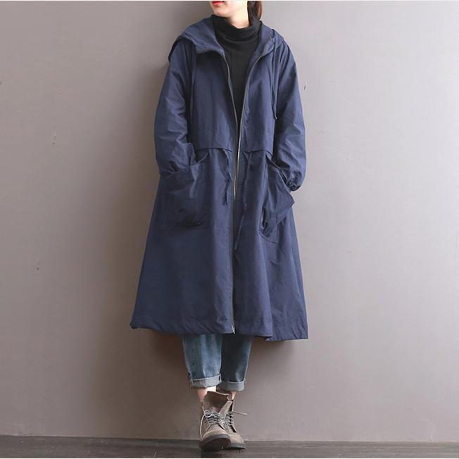 autumn warm blue hooded cotton trench plus size casual long sleeve tie waist trench coats - Omychic