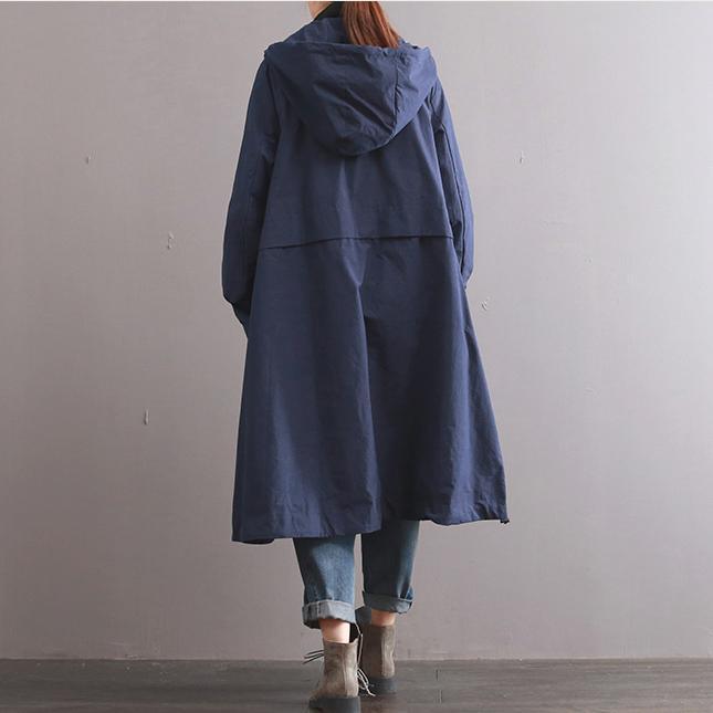 autumn warm blue hooded cotton trench plus size casual long sleeve tie waist trench coats - Omychic