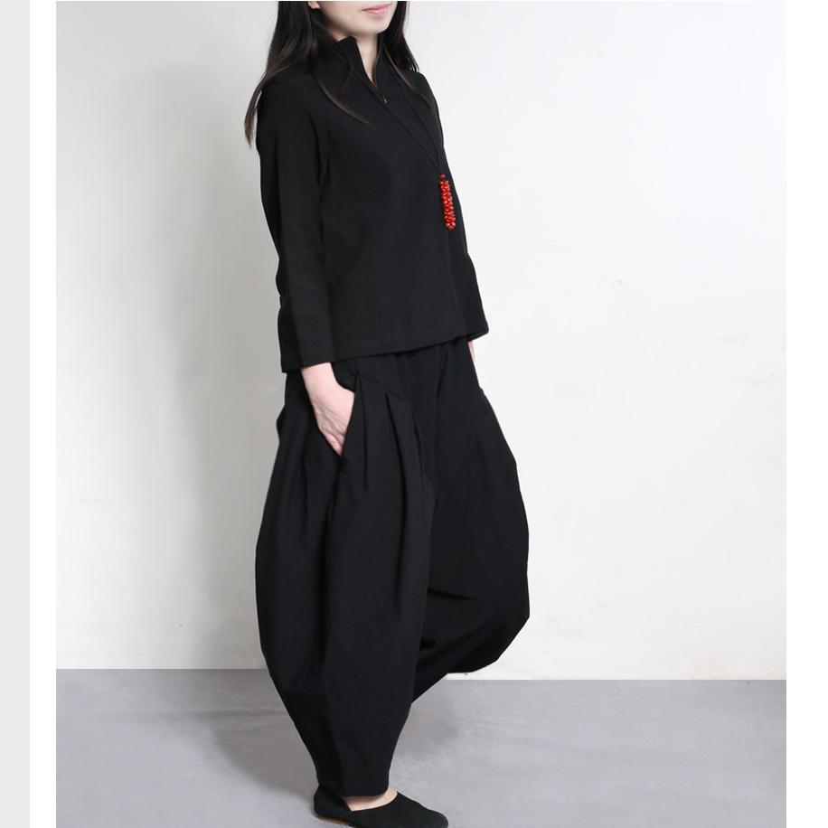 autumn winter black vintage two pieces cotton casual tops and plus size harem pants - Omychic