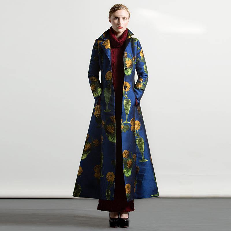 autumn winter cotton blended long coats blue floral thick large hem maxi trench coat - Omychic