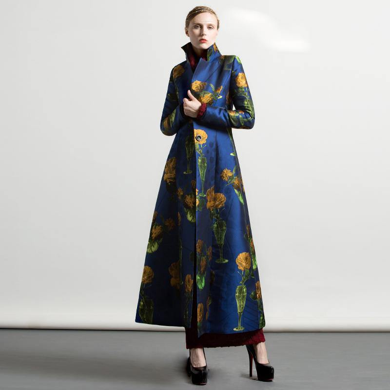 autumn winter cotton blended long coats blue floral thick large hem maxi trench coat - Omychic