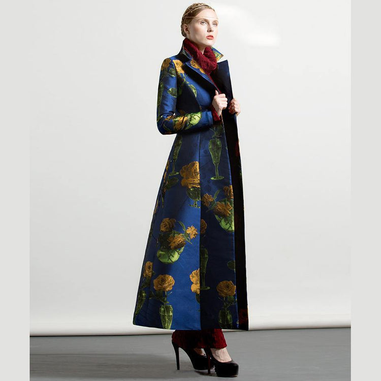 autumn winter cotton blended long coats blue floral thick large hem maxi trench coat - Omychic