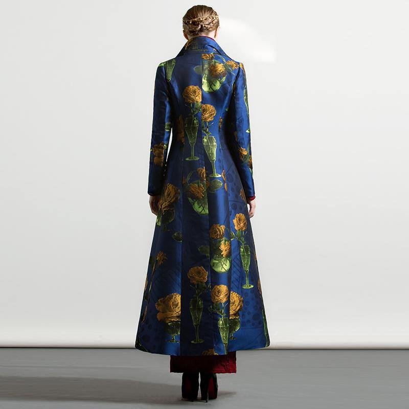 autumn winter cotton blended long coats blue floral thick large hem maxi trench coat - Omychic